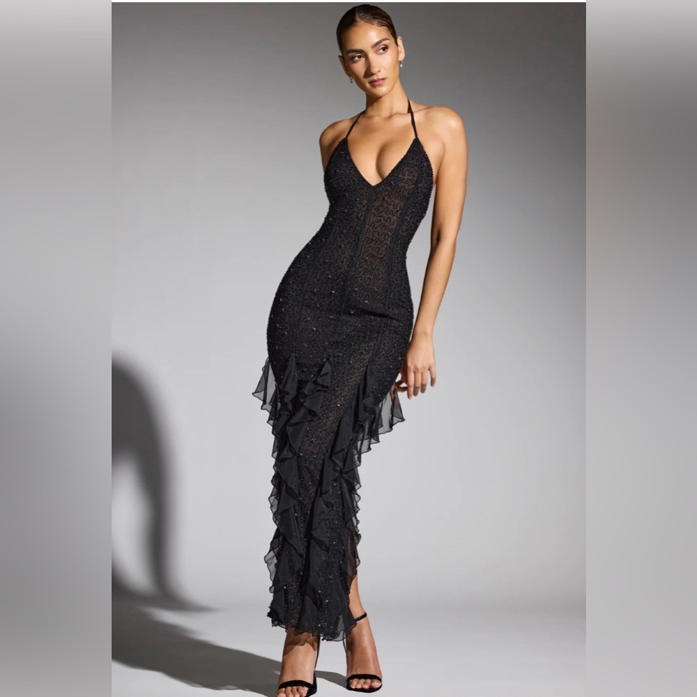 Oh Polly - Black Anley Embellished Halter Neck Dress